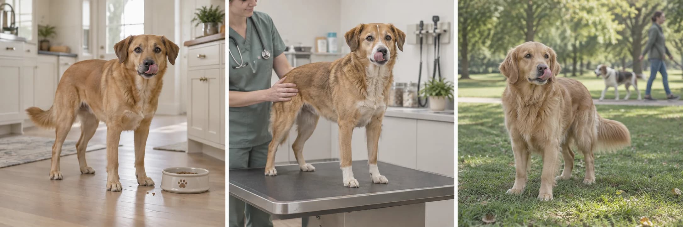 Illustrative home scene: a dog near a food bowl.
